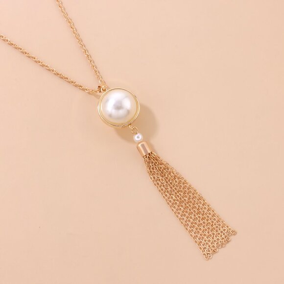 3/$35 Long Lariat Gold Chain Necklace with Large Pearl Pendant and Tassel - Picture 9 of 9